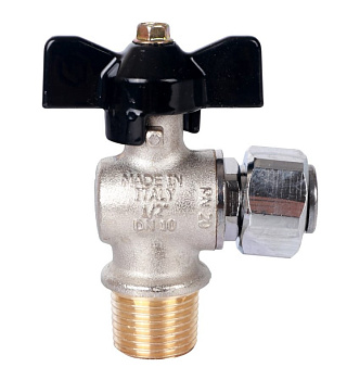 Кран шаровой с накидной гайкой угловой Ду 15 (1/2") НР/накидная гайка, ручка бабочка STOUT